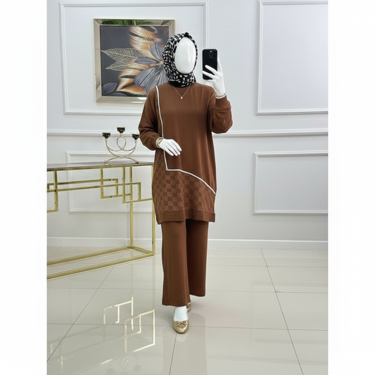 Winter Brown Mosaic Printed Long Sleeves 2 PC Co-Ord Set