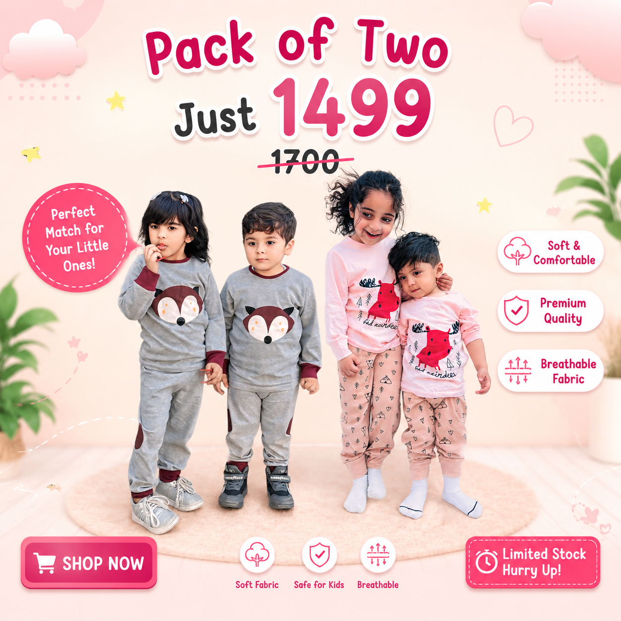 Grey Fox and Pink Dear Pack Of Two