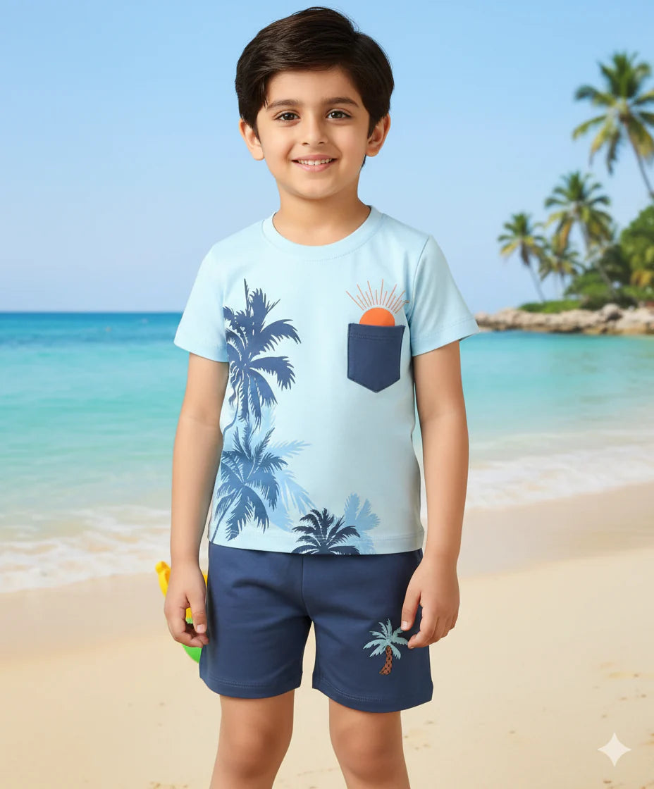 Kids Summer Tree & Sun Print T-Shirt & Shorts Set