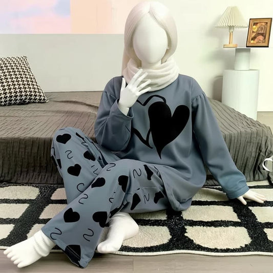 Grey Double Heart Half Sleeve Printed Night Suits