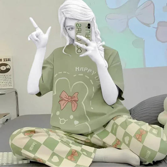 Olive Green Printed Night Suit