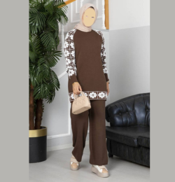 Winter Brown Sunflower Printed Long Sleeves 2 PCs Co-Ord Set
