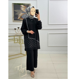 Winter Black Mosaic Printed Long Sleeves 2 PC Co-Ord Set