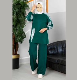 Winter C-Green Camel Feather Printed Long Sleeves 2 PC Co-Ord Set For Women