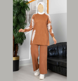 Winter Camel Feather Printed Long Sleeves 2 PC Co-Ord Set For Women