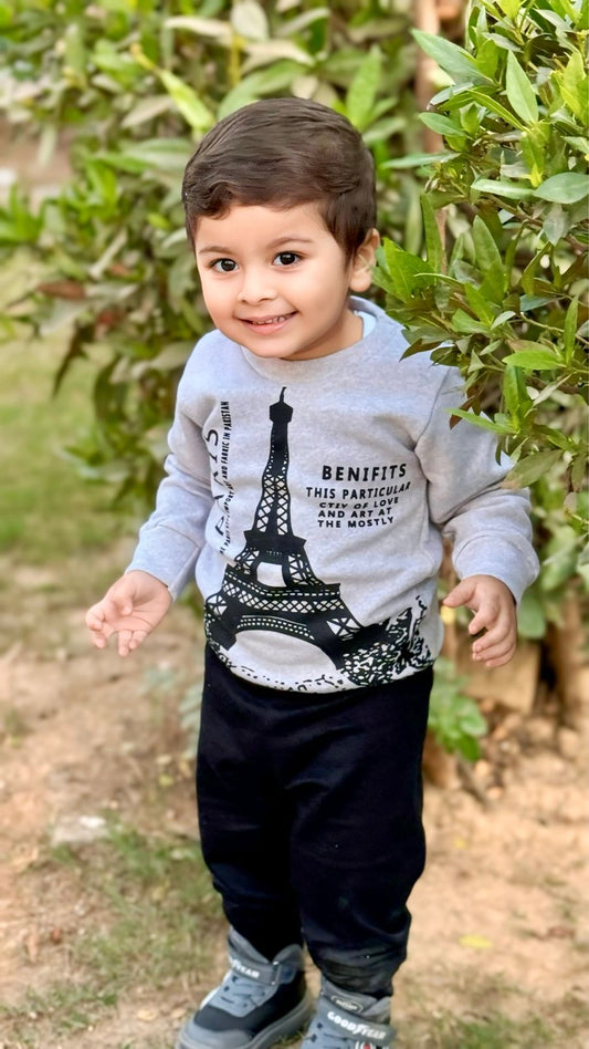 Fleece Fabric Grey Paris Printed Suit ( Each )