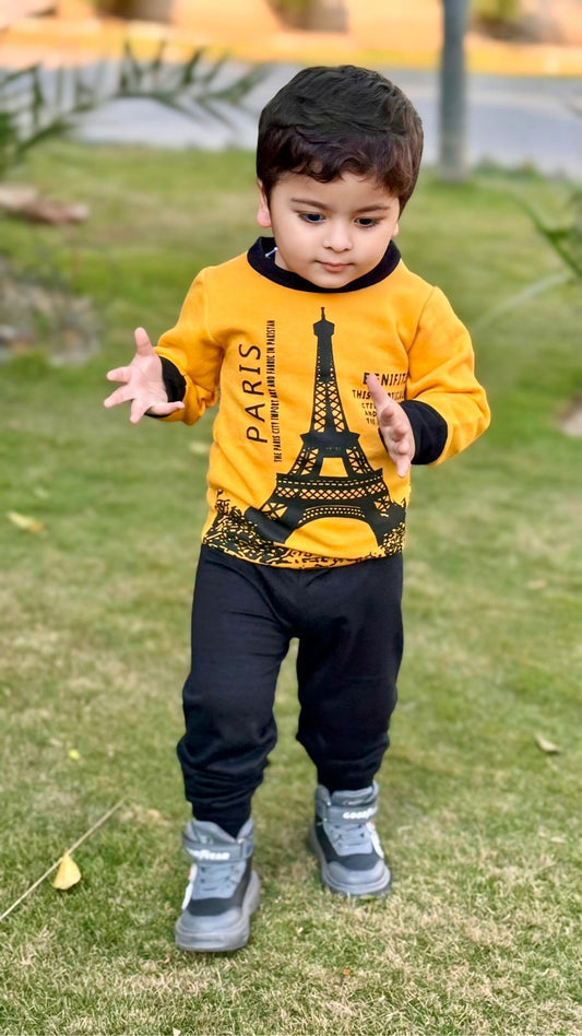 Fleece Fabric Grey & Yellow Paris Printed Suit Pack Of Two