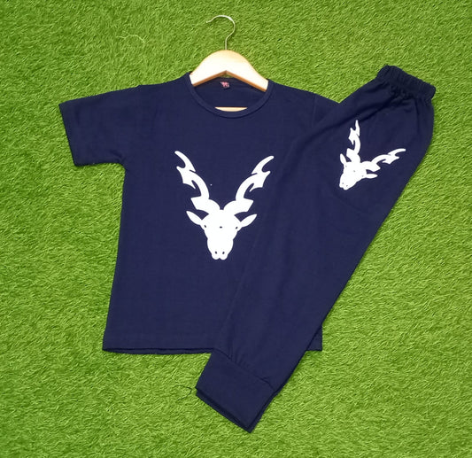 Blue Markhor Printed Half Sleeve Kids Suit (Each)