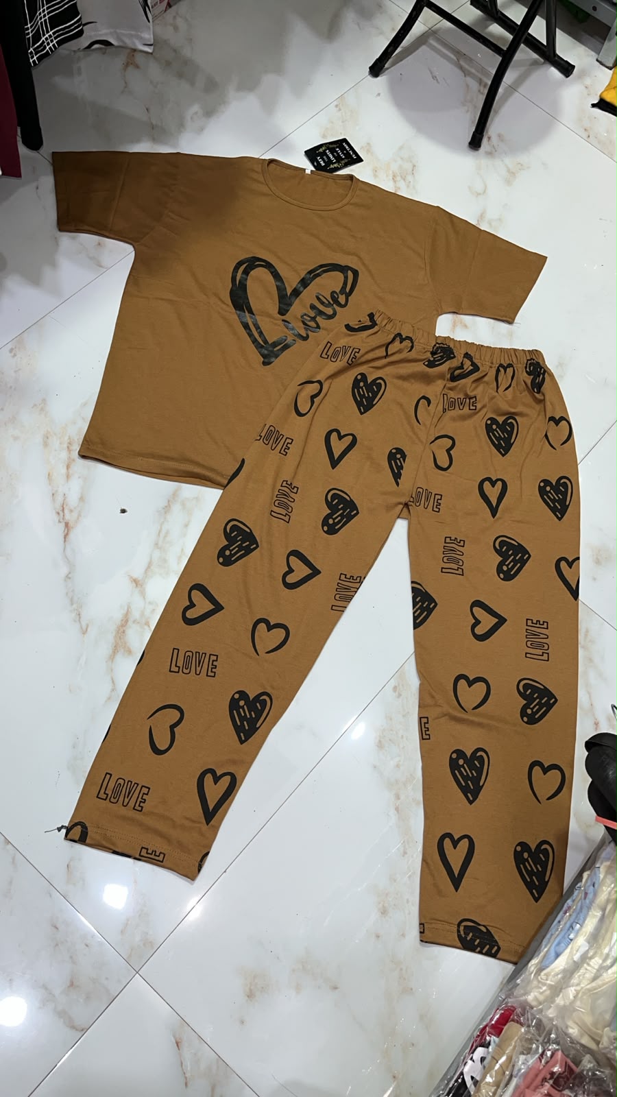 Brown Heart Printed Suit Free Sizes