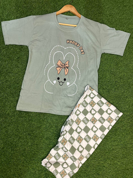 Olive Green Printed Night Suit