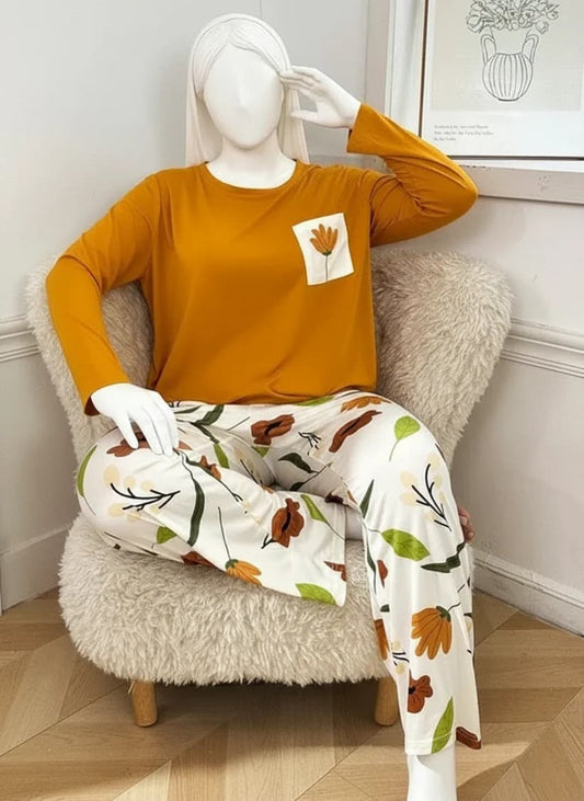 Yellow Flower Pocket Printed Night Suits