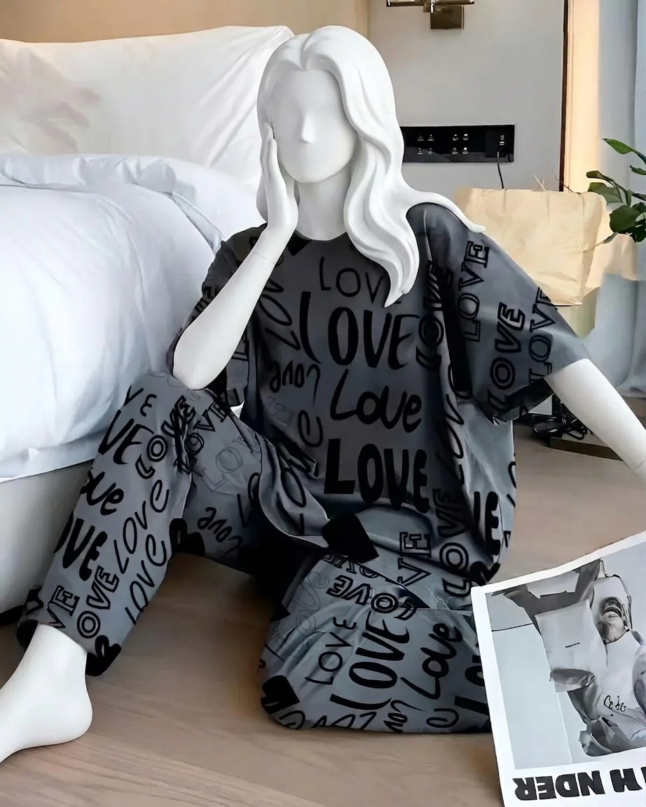 Grey Love Printed Night Suit