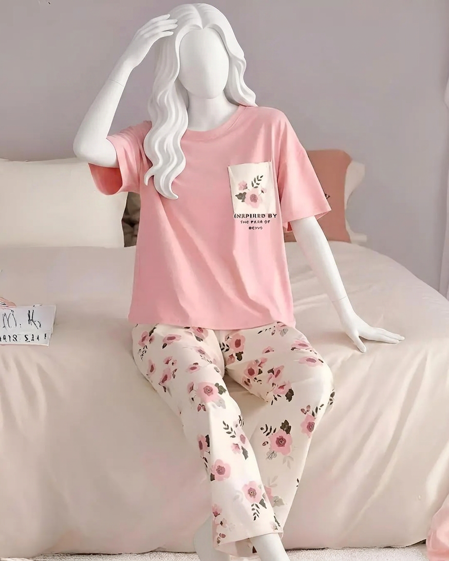 Pink Flower Printed Night Suit