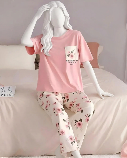 Pink Flower Printed Night Suit
