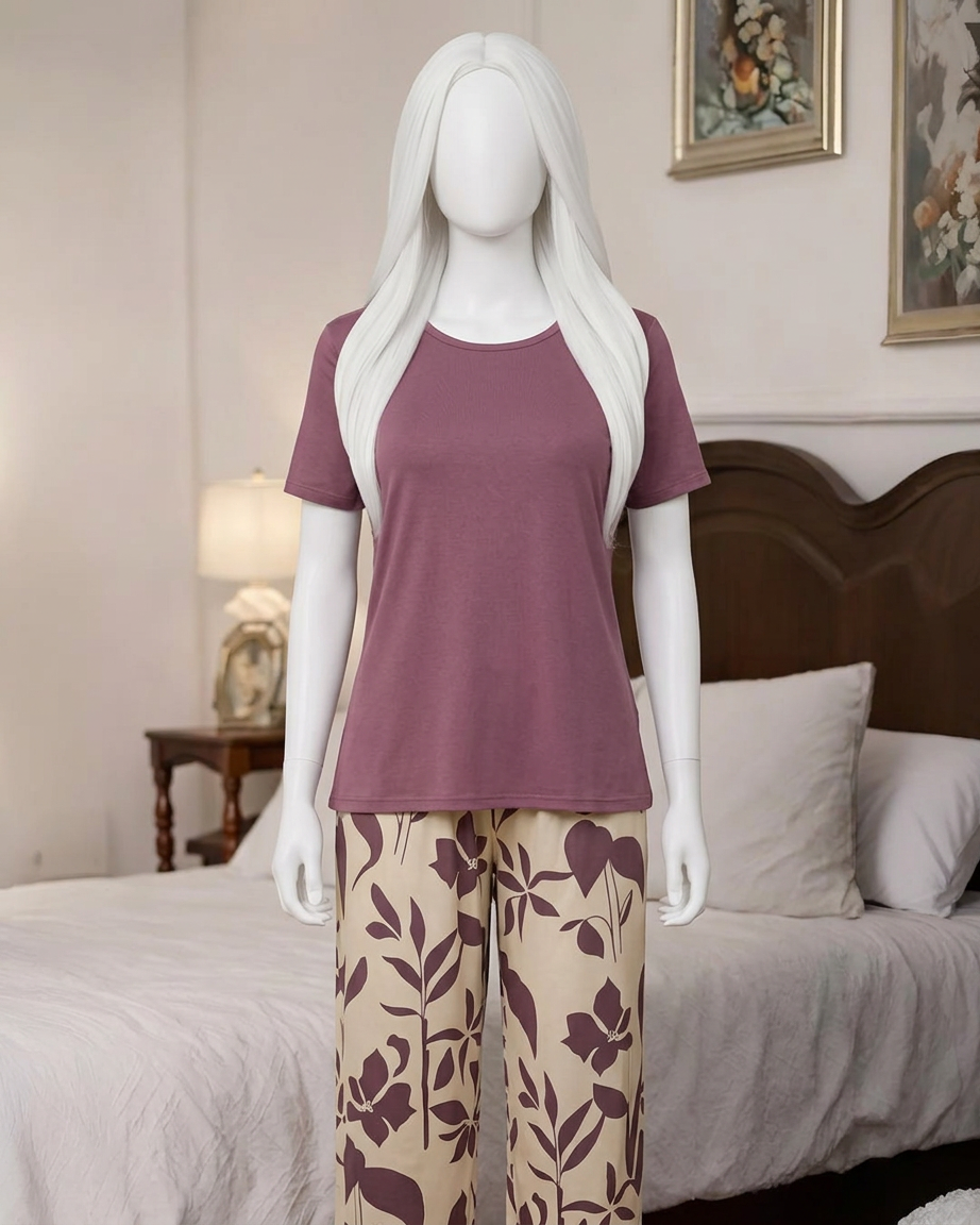 Plum Floral Print Nightwear Set for Women