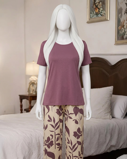 Plum Floral Print Nightwear Set for Women