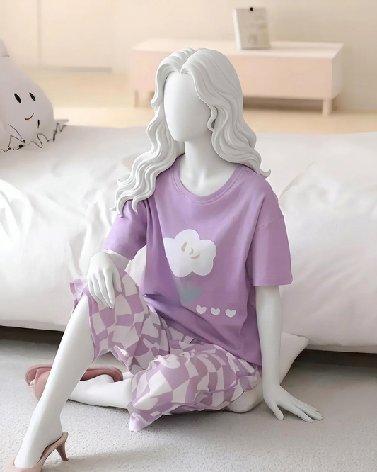 Purple Check Cotton Nightwear