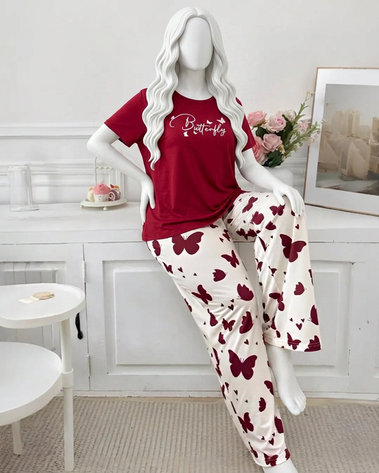 Red Butterfly Print Night Suit