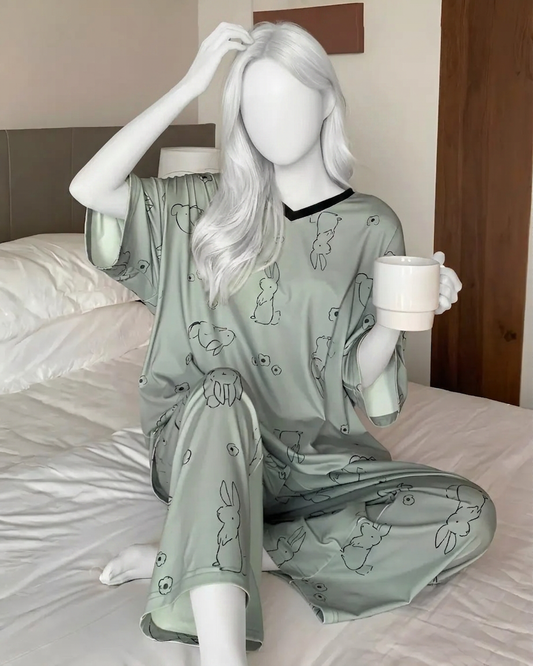 Soft Green Bunny Print Lounge Nightwear Set