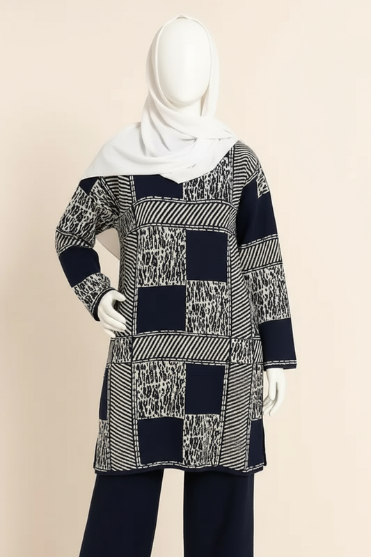 Elegant Navy Printed Winter Kurti