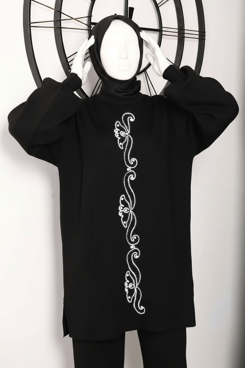 Winter Black Floral Printed Long Sleeves 2 PCs Co-Ord Set