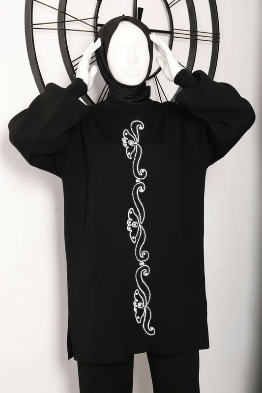 Winter Black Floral Printed Long Sleeves 2 PCs Co-Ord Set