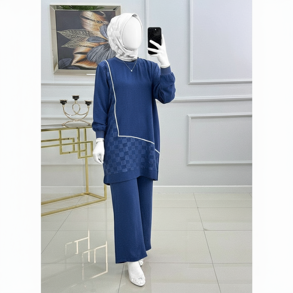 Winter Blue Mosaic Printed Long Sleeves 2 PC Co-Ord Set