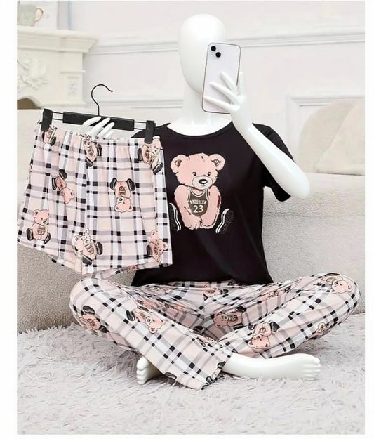 3 Piece Printed Night Suit Check Panda