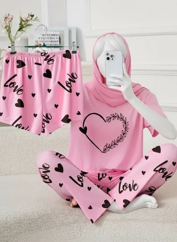 3 Piece Pink Heart Nightwear