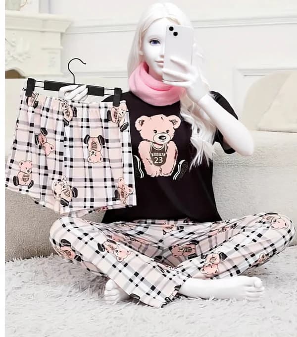 3 Piece Printed Night Suit Check Panda