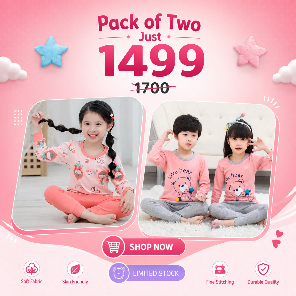 Pink Doll & Pink Love Bear  Pack Of Two
