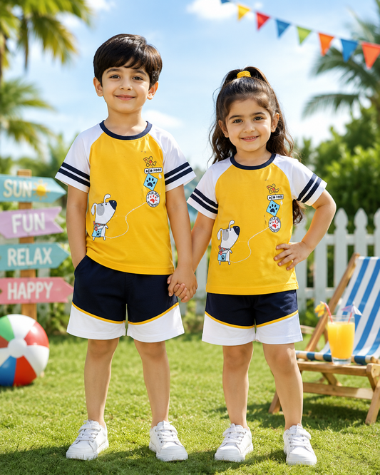 Yellow Panel Pupy Printed Kids Short Set (Each)