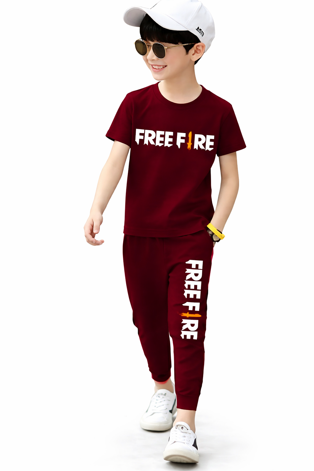 Maroon Free Fire Printed Half Sleeve Kids Suit (Each)