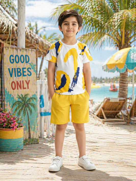 Yellow Multi Printed Kids Short Set (Each)