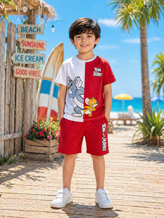 Red Tom & Jerry Half Sleeve Kids Suit (Each)