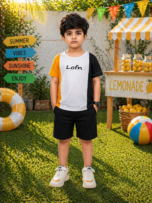Yellow and Black Lofn Printed Kids Short Set (Each)