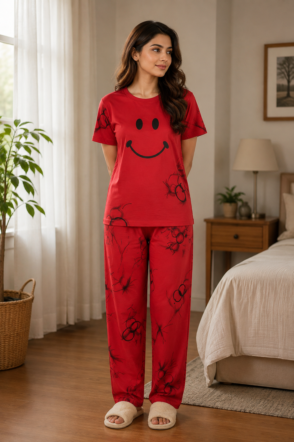 Red Smile Printed Suit Free Sizes