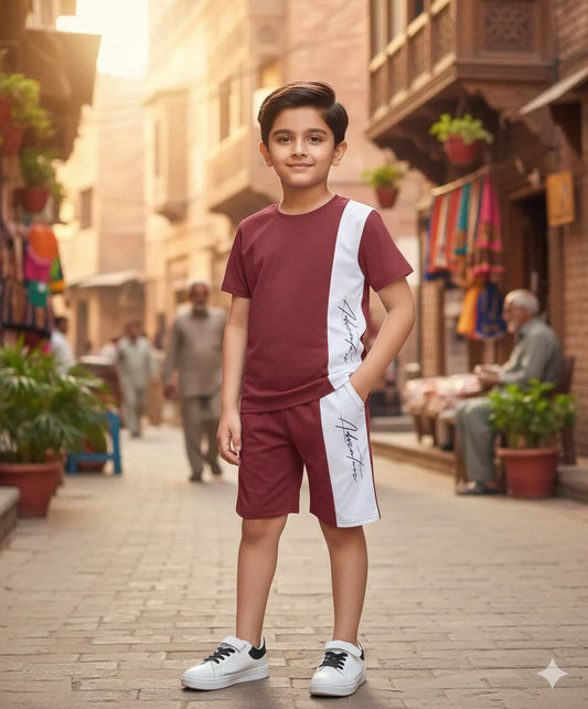 Maroon Signature Printed Kids Short Set (Each)