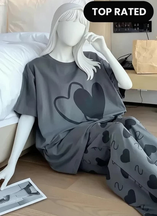 Grey Double Heart Half Sleeve Printed Night Suits