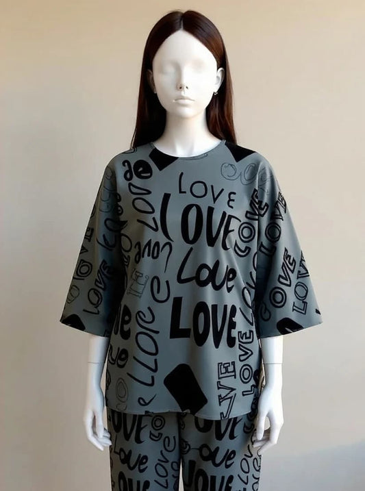Grey Love Printed Night Suit