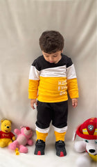 Fleece Fabric Black & Yellow Panel Happy Everyday Printed Kids Winter Suit ( Each )