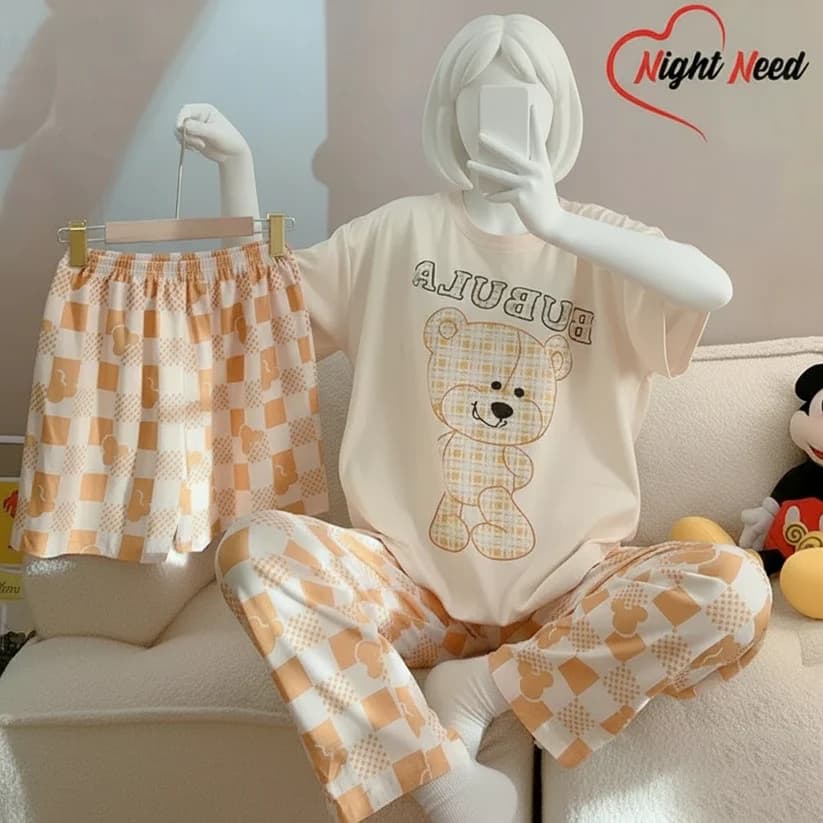 Noise Cotton 3 Piece Printed Night Suit Creamy Teddy