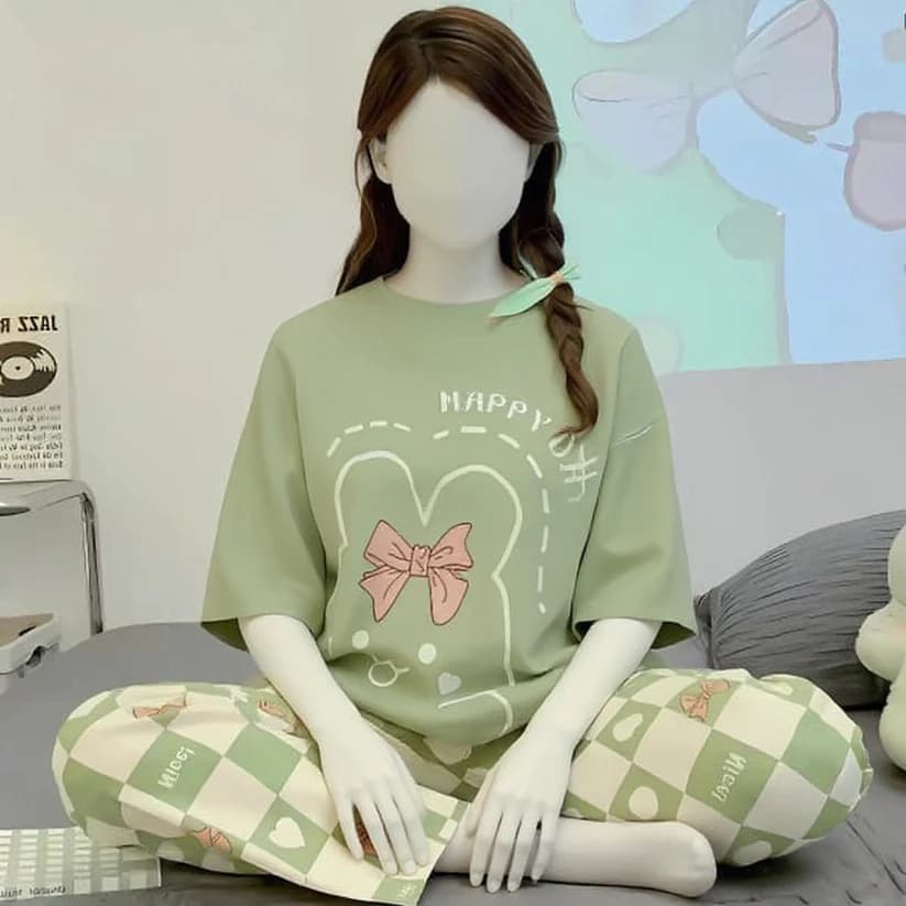 Olive Green Printed Night Suit