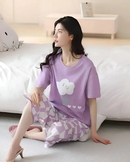 Purple Check Cotton Nightwear