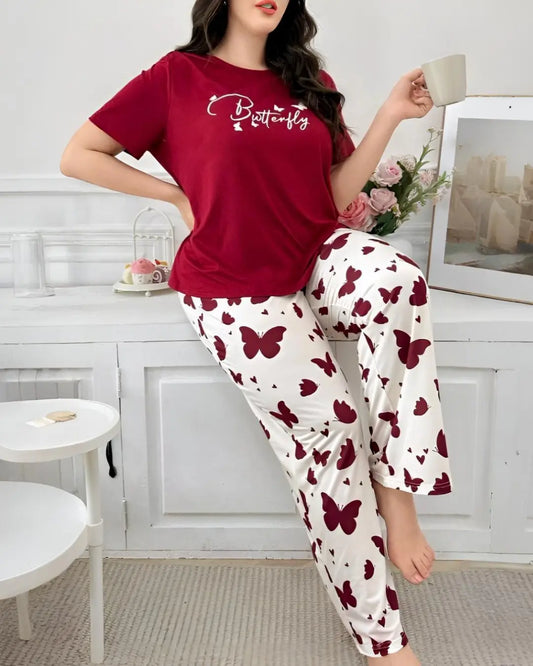 Red Butterfly Print Night Suit