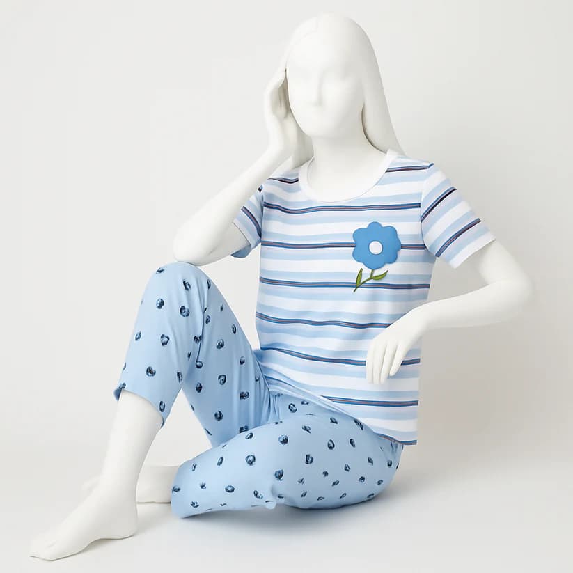 Sky Blue Lilly Printed Night Suit