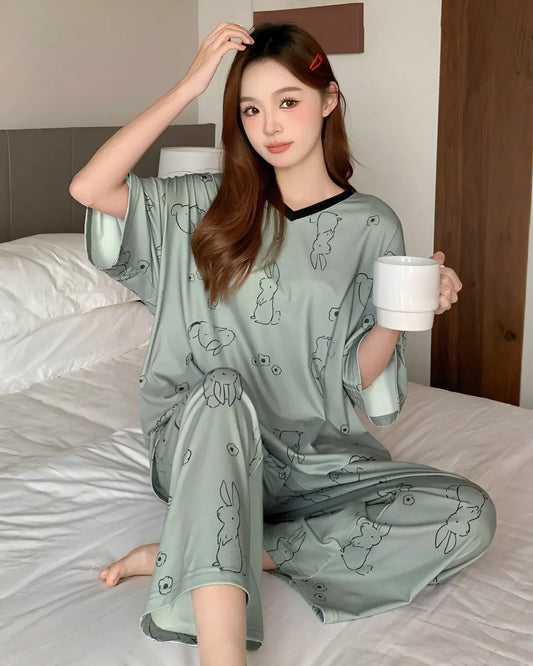 Soft Green Bunny Print Lounge Nightwear Set
