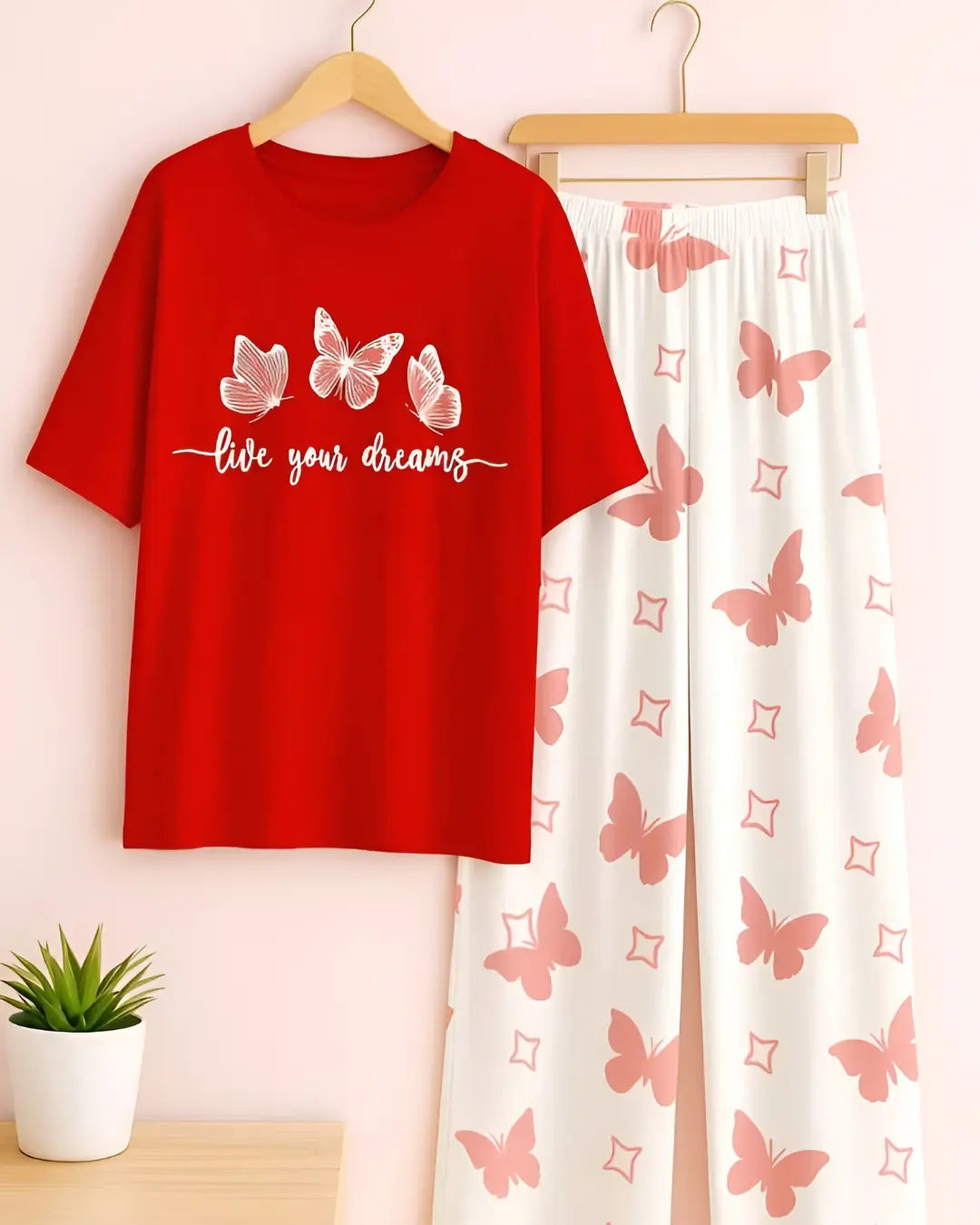 Soft Red Butterfly Print Nightwear Set