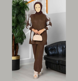 Winter Brown Camel Feather Printed Long Sleeves 2 PC Co-Ord Set For Women