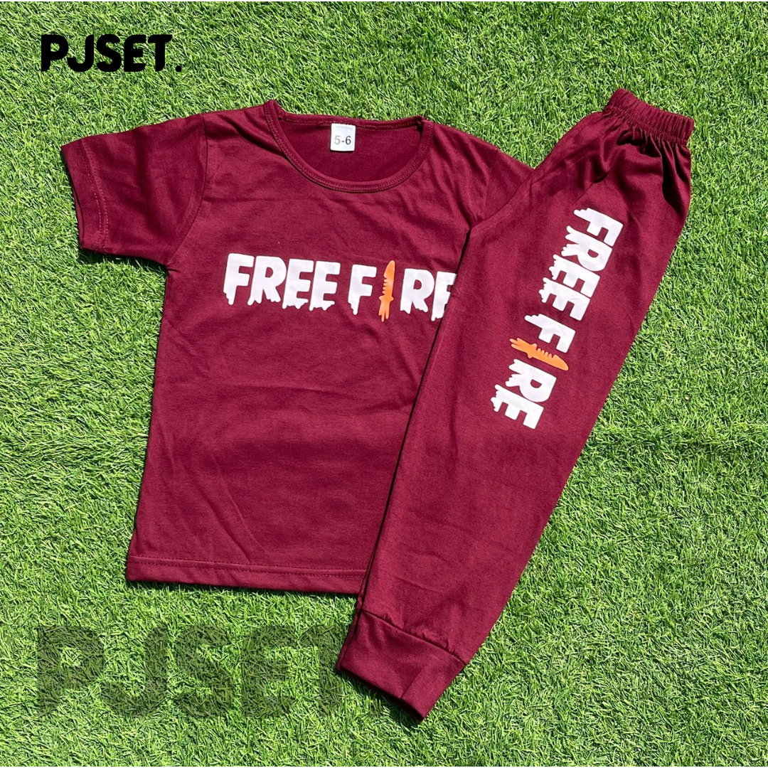 Maroon Free Fire Printed Half Sleeve Kids Suit (Each)
